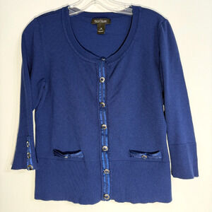 WHBM Women's Blue Cardigan Sweater Size M‎ Silver Buttons Preppy Office Classic